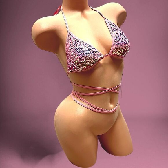 Club Exx x Dolls Kill triangle bikini top coral stretch sparkle festival szL - Picture 3 of 15